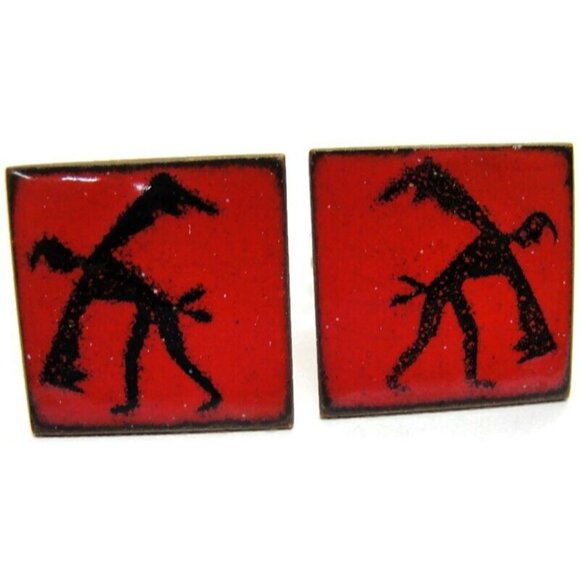 Red Enamel Copper Cufflinks Square Shirt Accessories Wedding Vintage - Picture 10 of 11